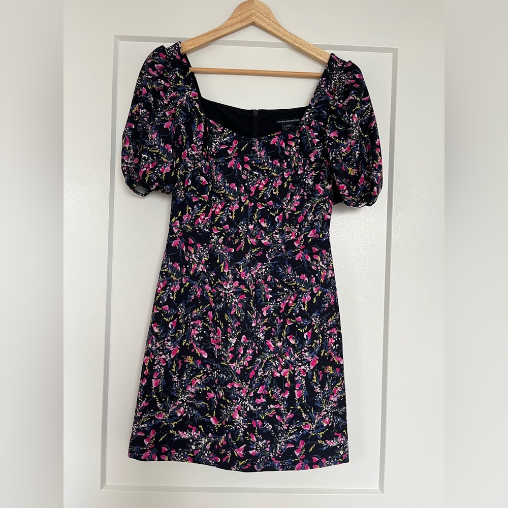 French Connection Floral Sweetheart Puff Sleeve Mini Dress Black Pink Size 2